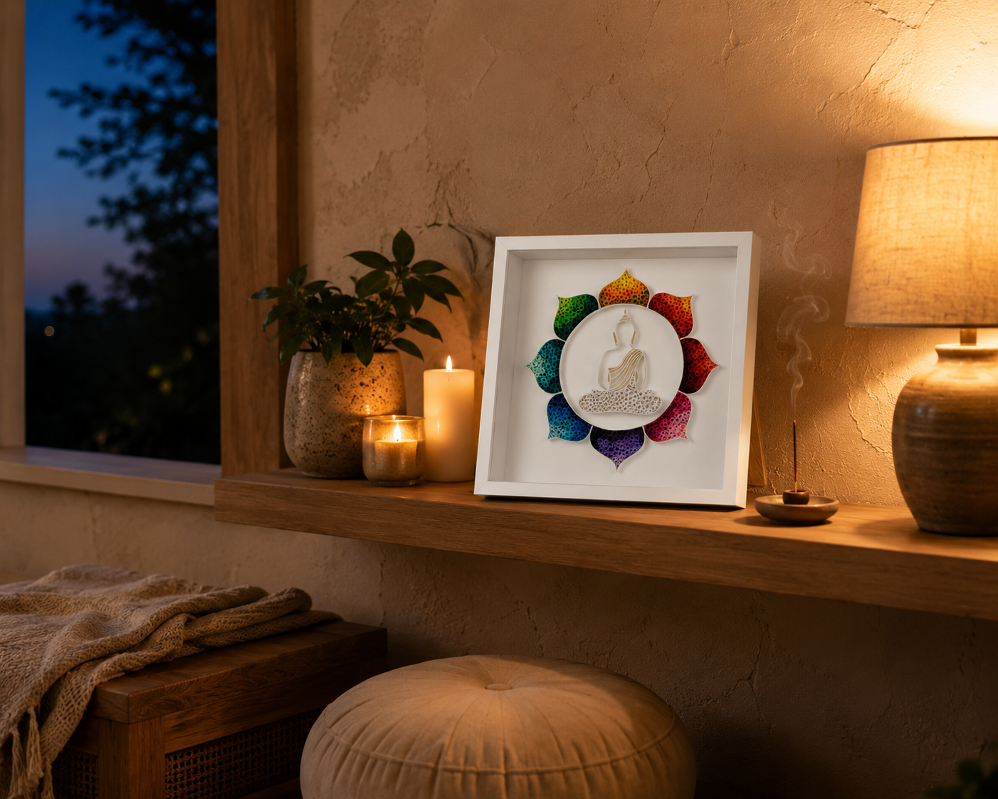 A framed art print featuring a white circular meditative figure surrounded by a multicolor chakra lotus, displayed on a wooden shelf in a warmly lit room next to a lamp, candles, and a plant.
