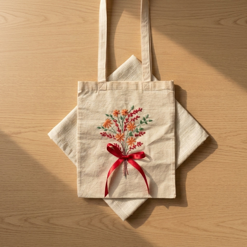 Hand embroidered floral tote bag on natural cotton canvas featuring bouquet-inspired orange and red floral stitching with red ribbon detail.