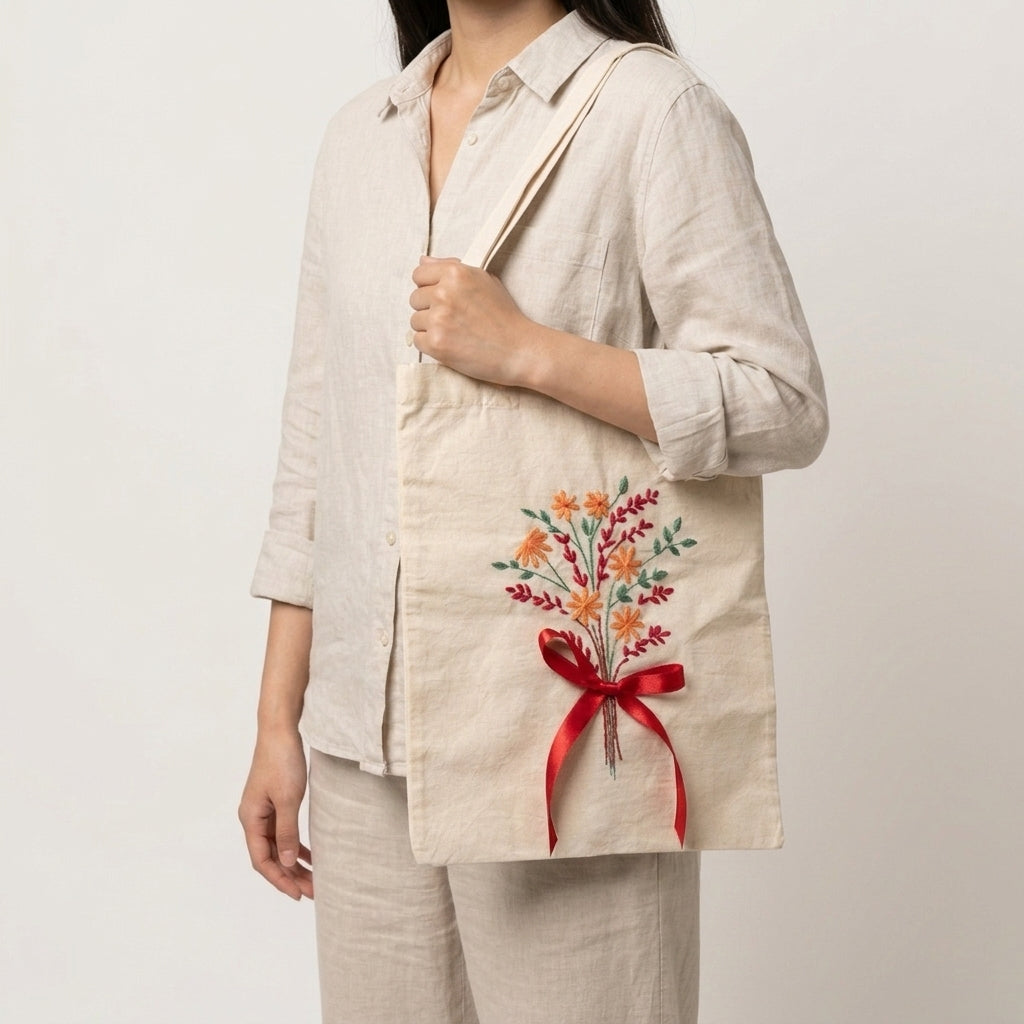 Handmade embroidered cotton tote bag with floral bouquet embroidery