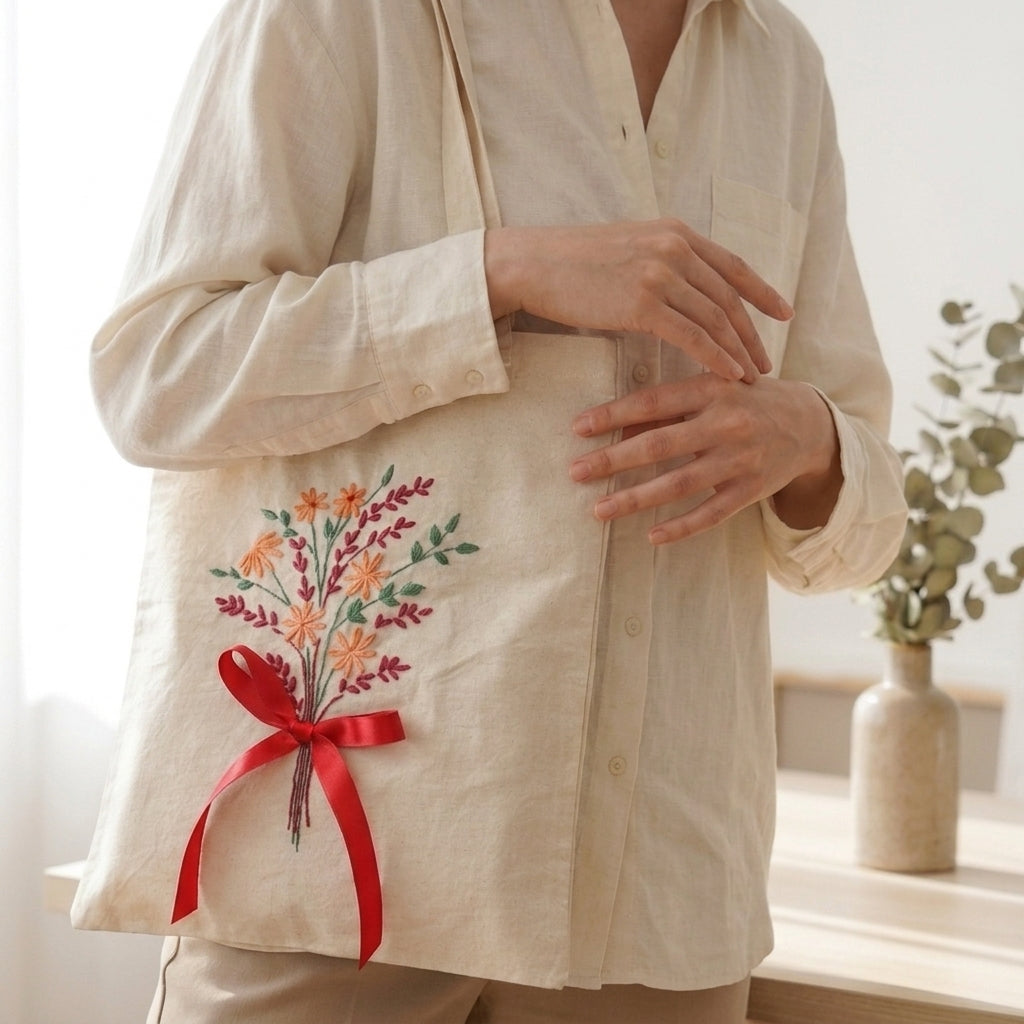 Reusable cotton tote bag with embroidered flowers and ribbon detail