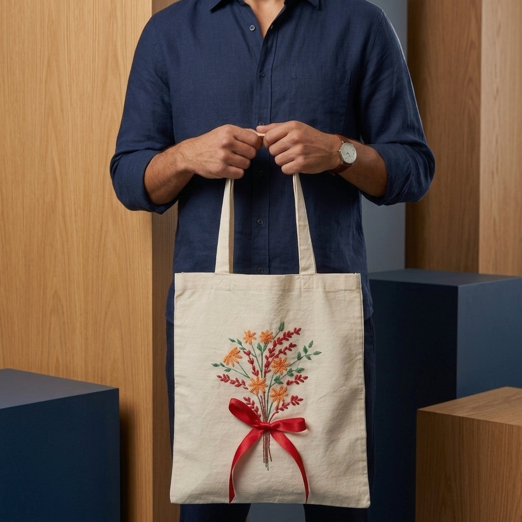 Handmade Artisan floral tote bag with hand stitched botanical design for gifting and everyday use
