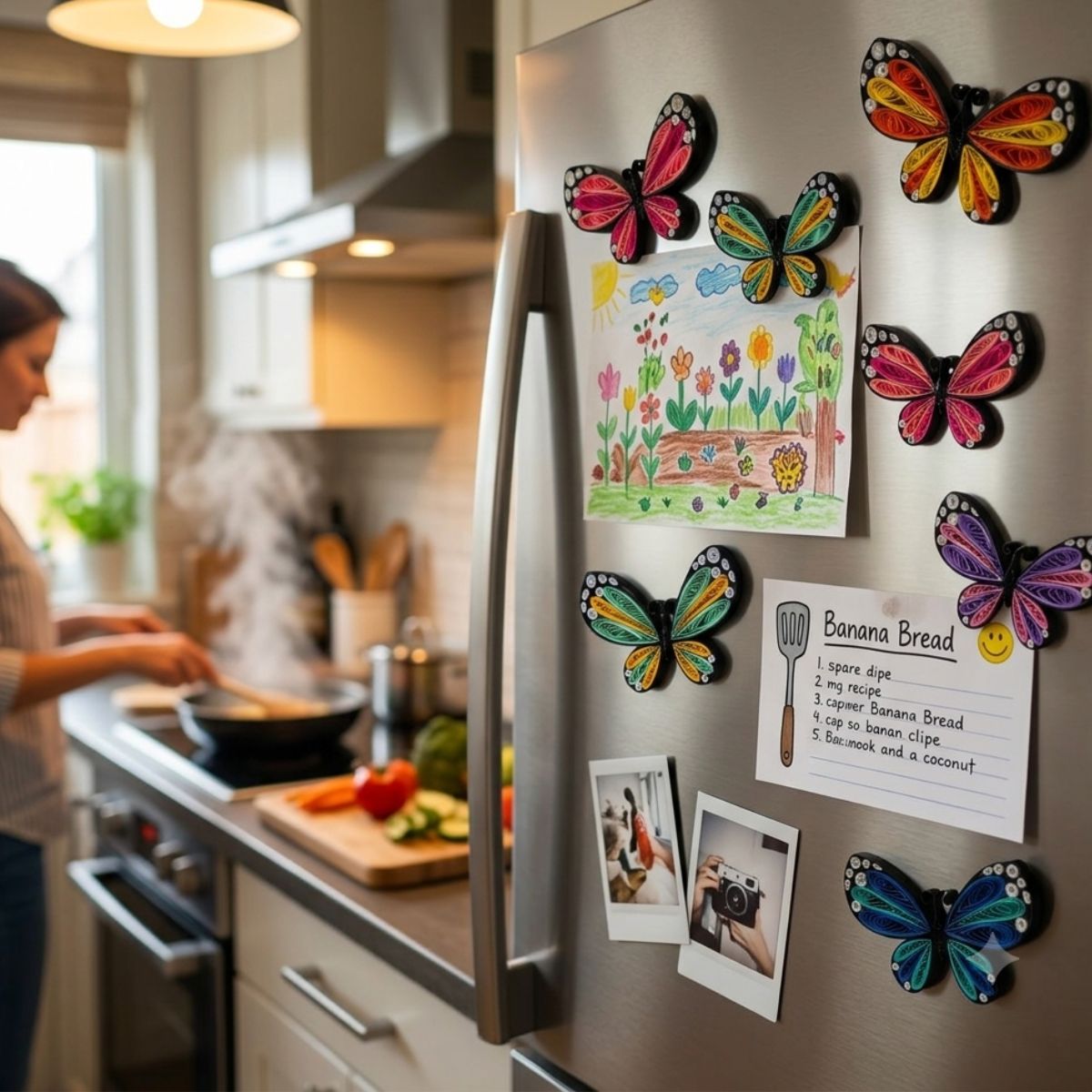 Handcrafted paper quilled butterfly fridge magnet available in Lavender Emperor, Blue Morpho, Emerald Swallowtail, Red Lacewing and Monarch colour variants.