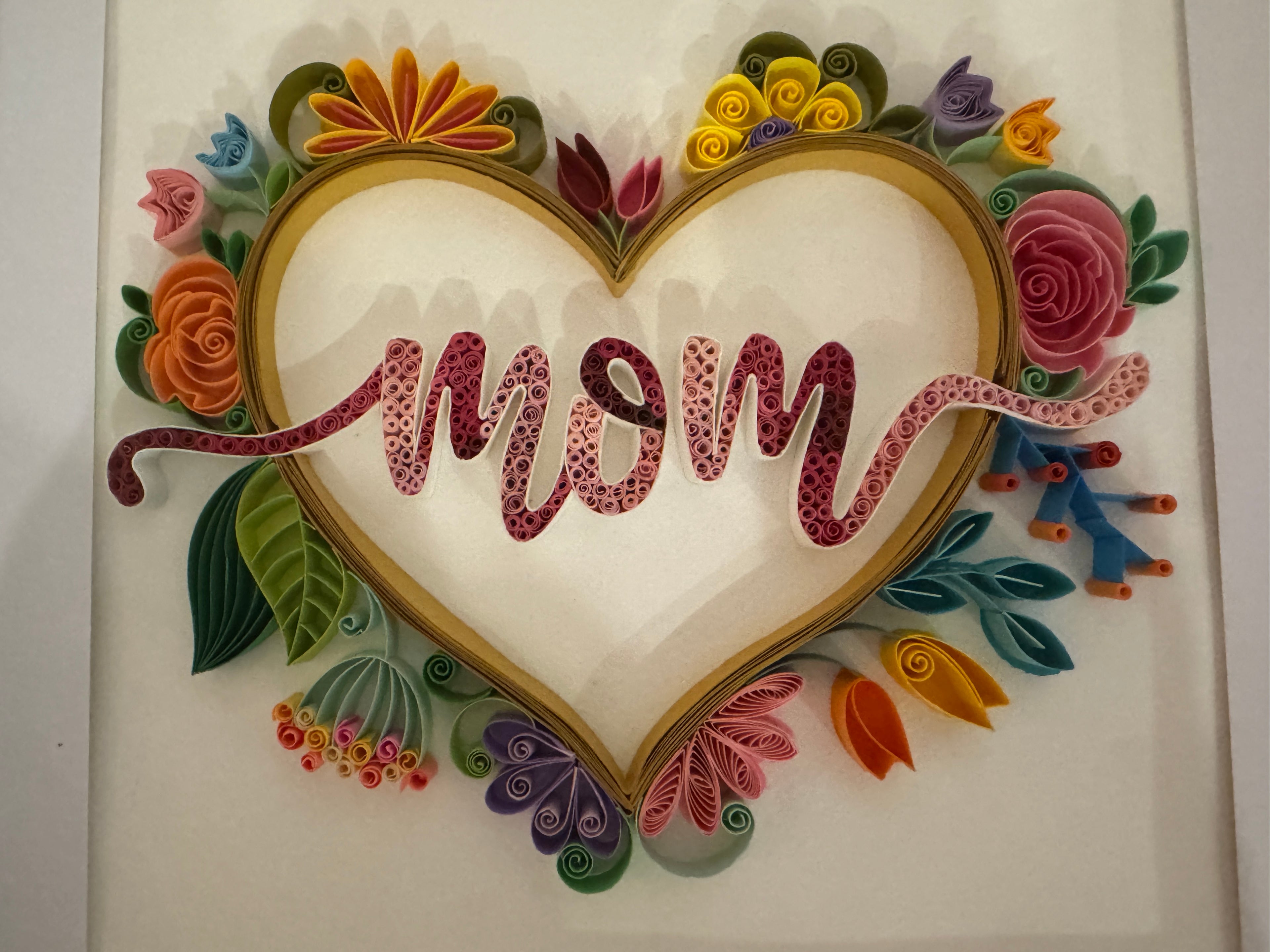 Close up of handmade paper quilling floral design on Mum wall art