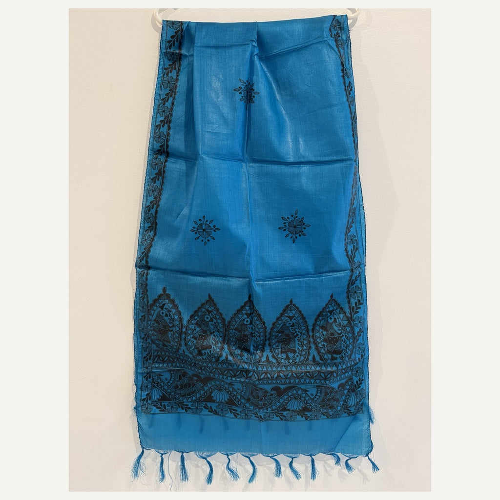 Hand-painted dark Madhubani motifs on turquoise art silk stole close-up