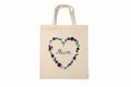 Handmade embroidered Mum tote bag with floral heart in pink and purple 
on natural cotton canvas — The Tranquil Folds