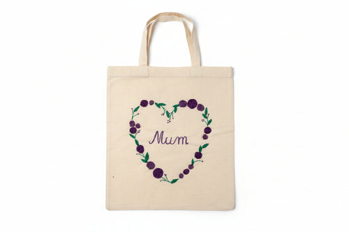 Handmade embroidered Mum tote bag with floral heart in pink and purple 
on natural cotton canvas — The Tranquil Folds