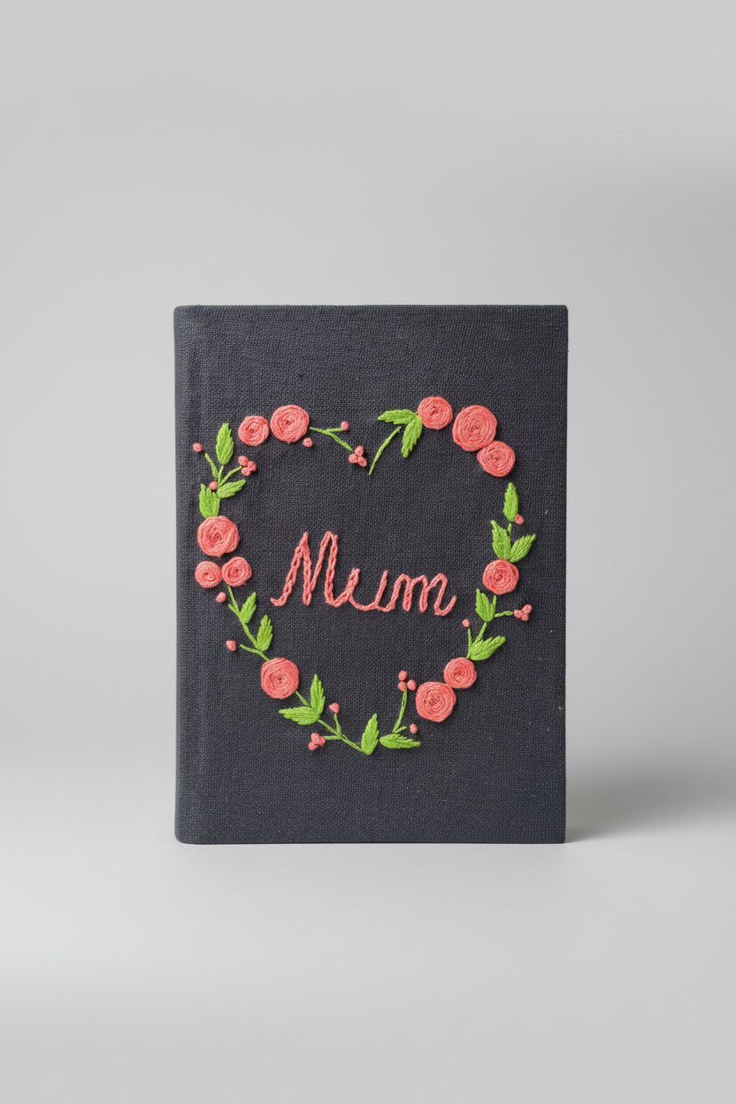 Handmade Embroidered 'Mum' Journal | Floral Heart | Navy