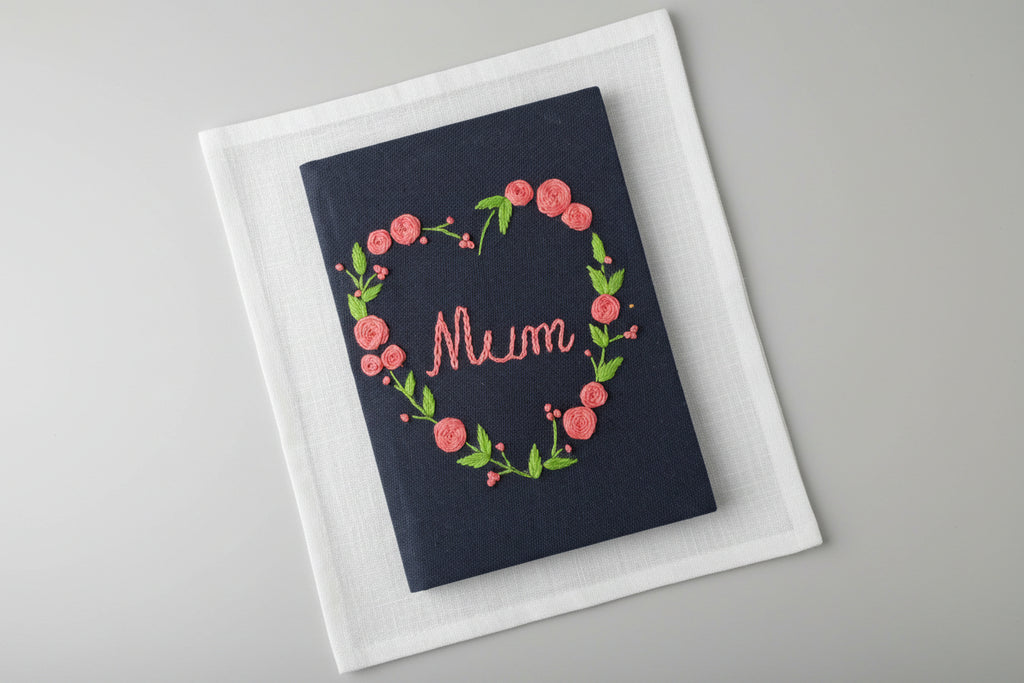 Handmade Embroidered 'Mum' Journal | Floral Heart | Navy