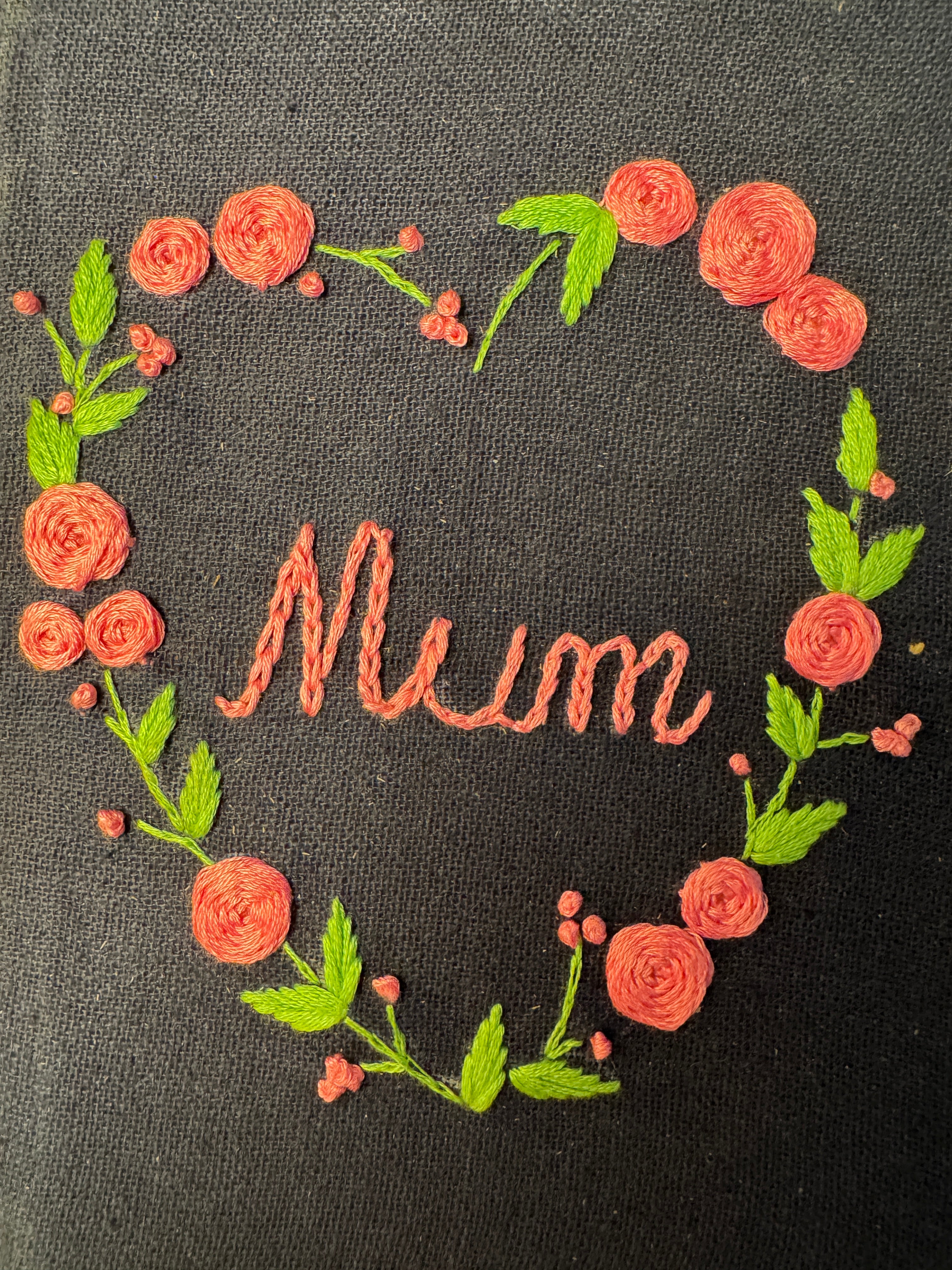 Handmade Embroidered 'Mum' Journal | Floral Heart | Navy
