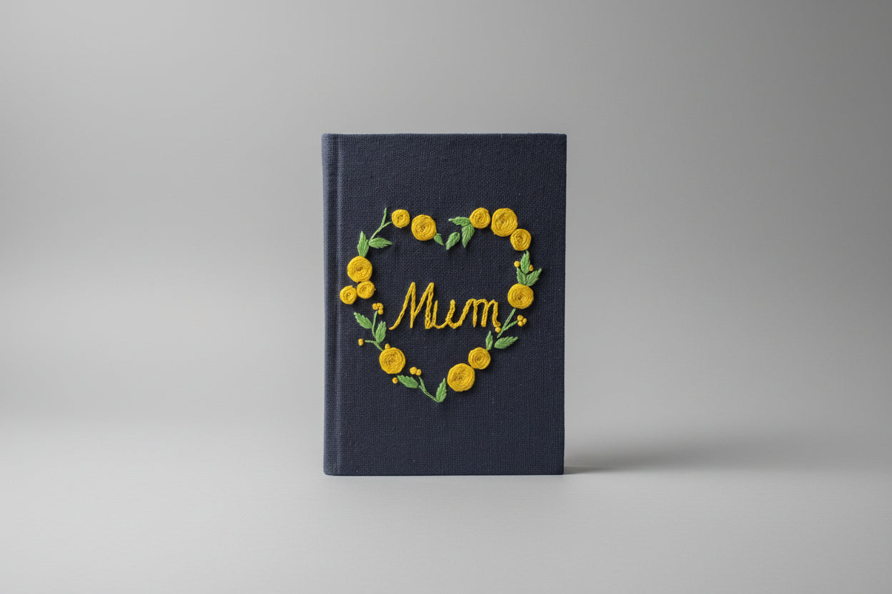Handmade Embroidered 'Mum' Journal | Floral Heart | Navy