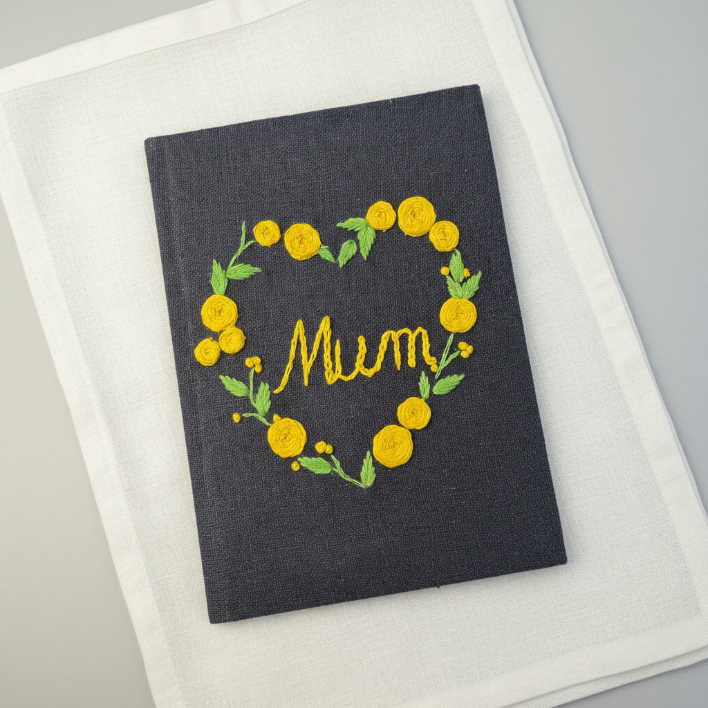 Handmade Embroidered 'Mum' Journal | Floral Heart | Navy