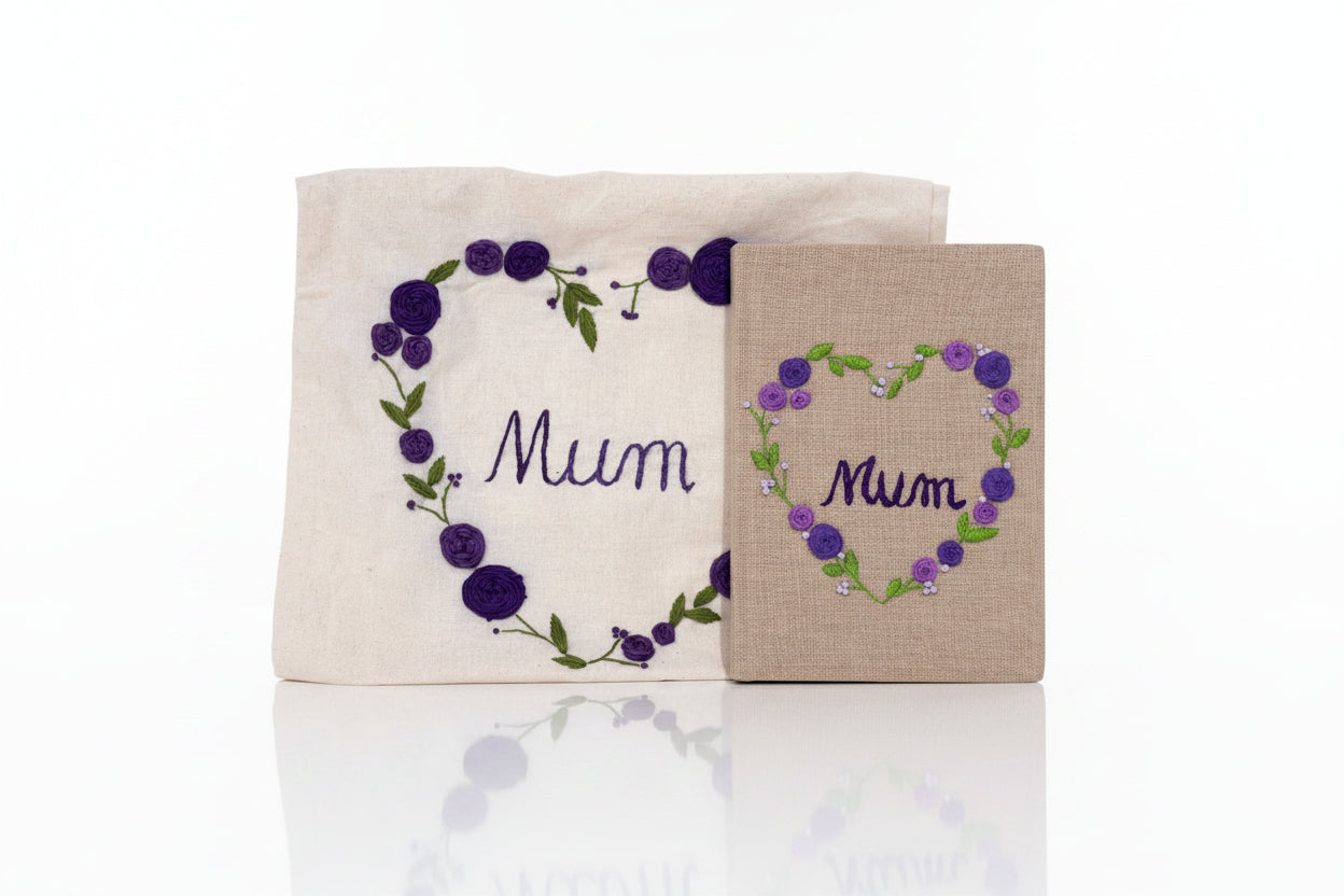 Handmade embroidered Mum journal and matching tote bag gift set in natural hessian and cotton canvas with pink floral heart — The Tranquil Folds