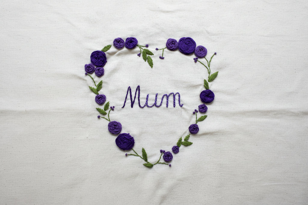 Handmade embroidered Mum tote bag with floral heart in pink and purple 
on natural cotton canvas — The Tranquil Folds