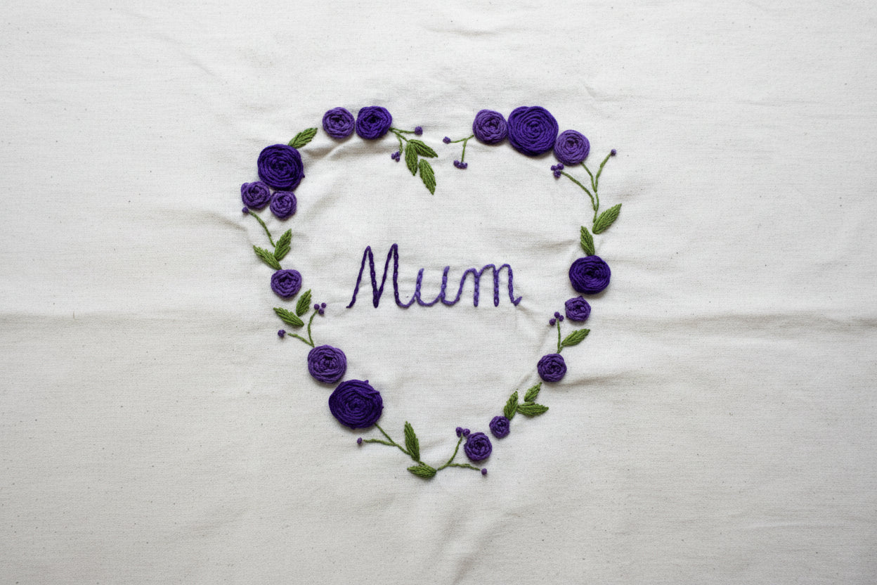 Handmade embroidered Mum tote bag with floral heart in pink and purple 
on natural cotton canvas — The Tranquil Folds