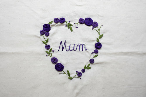 Handmade embroidered Mum tote bag with floral heart in pink and purple 
on natural cotton canvas — The Tranquil Folds