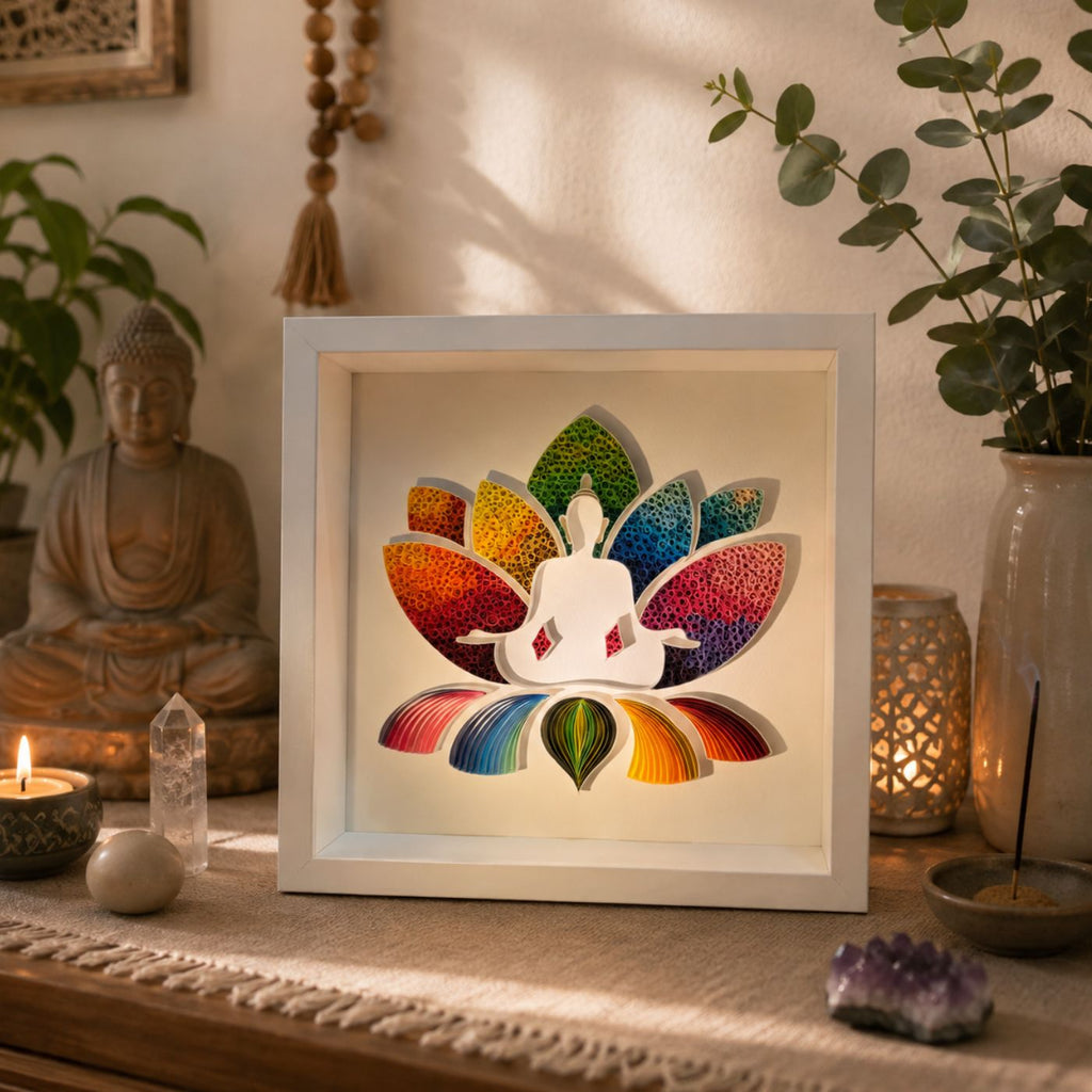 Handcrafted rainbow Buddha paper quilling wall art featuring a meditating Buddha seated within a colourful lotus flower in a white shadow box frame, 25 x 25 cm original artwork.