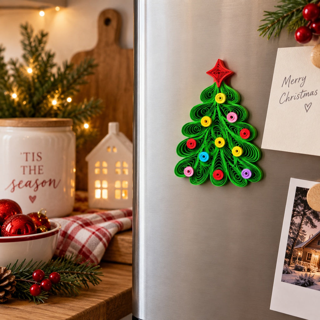 Christmas tree paper quilling fridge magnet styled on a refrigerator in a festive Christmas kitchen.