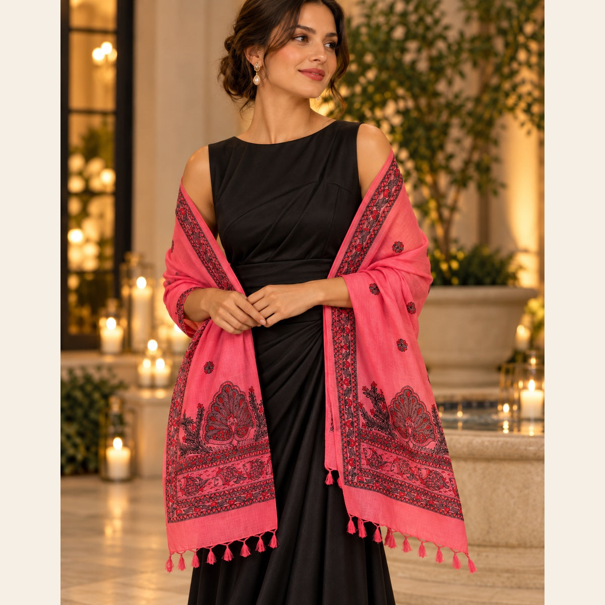 Coral pink hand-painted Madhubani stole styled over a black sleeveless party dress, wrapped just below the shoulders