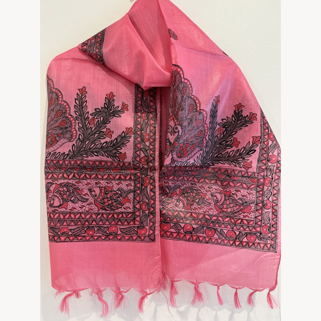 Coral pink Madhubani hand-painted art-silk stole with peacock and fish motifs, decorative borders and tassels
