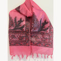 Coral pink Madhubani hand-painted art-silk stole with peacock and fish motifs, decorative borders and tassels