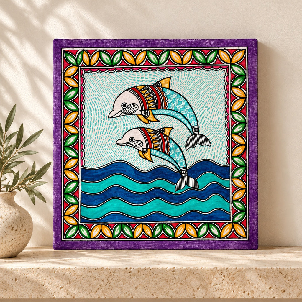 Dolphin Madhubani artwork with turquoise dolphins and purple border displayed on a limestone shelf