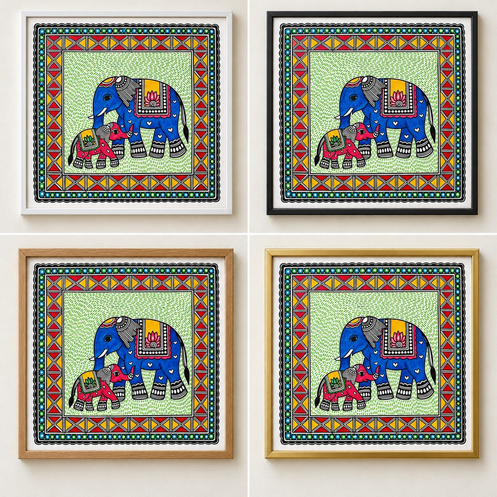 A Gentle Bond elephant artwork in white, black, oak and gold frames