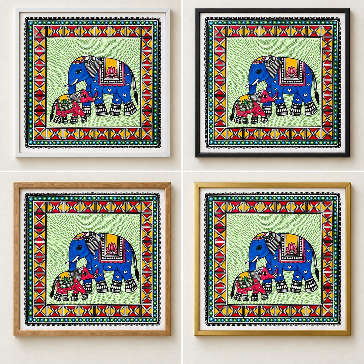 A Gentle Bond elephant artwork in white, black, oak and gold frames