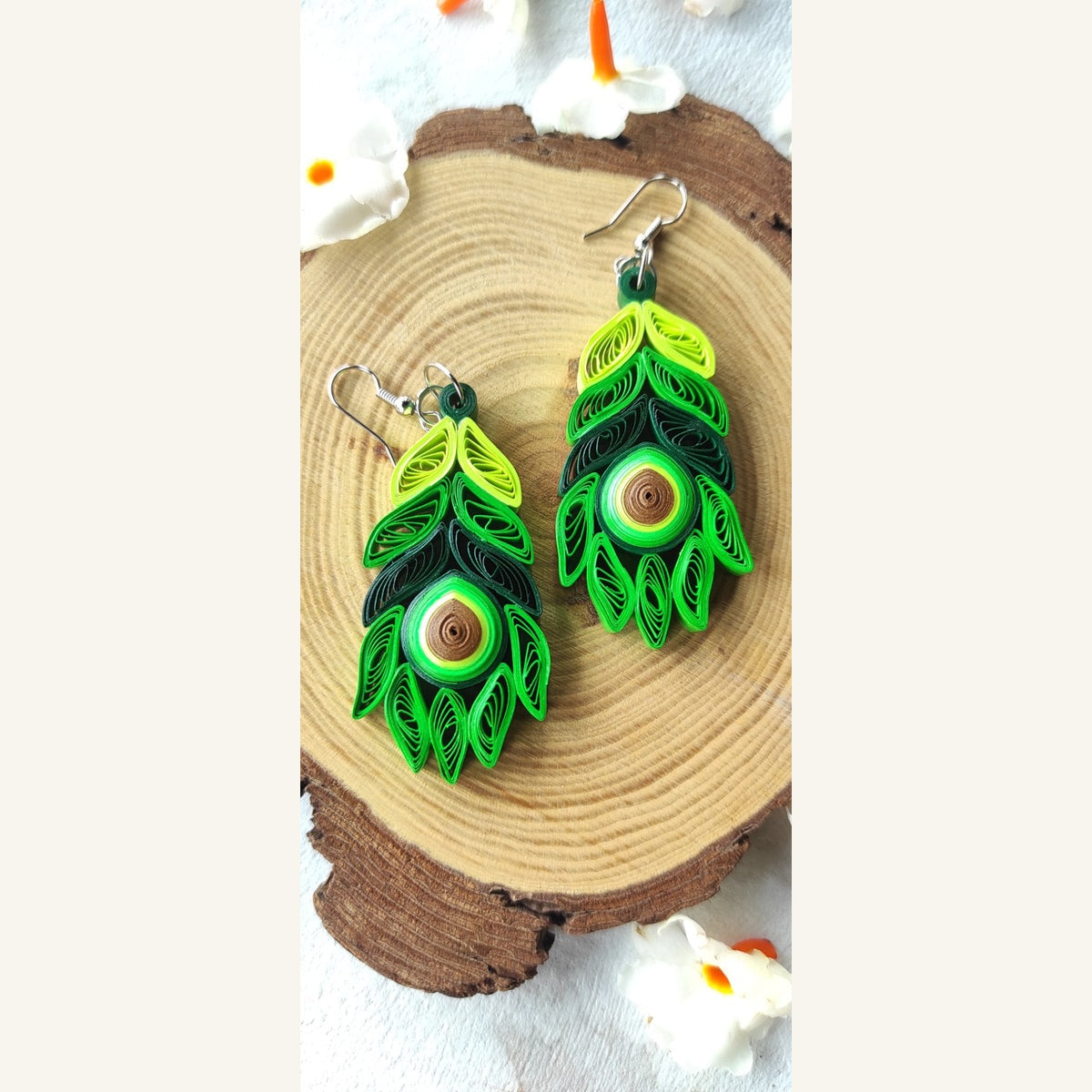 Avocado Green handmade peacock feather paper quilling earrings
