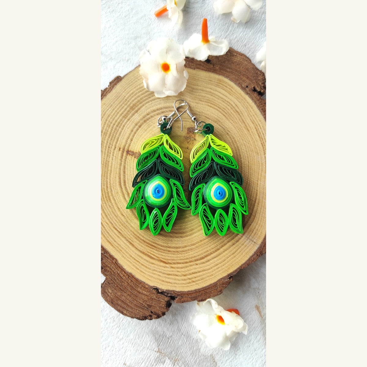 Green & Blue Evil Eye handmade peacock feather paper quilling earrings