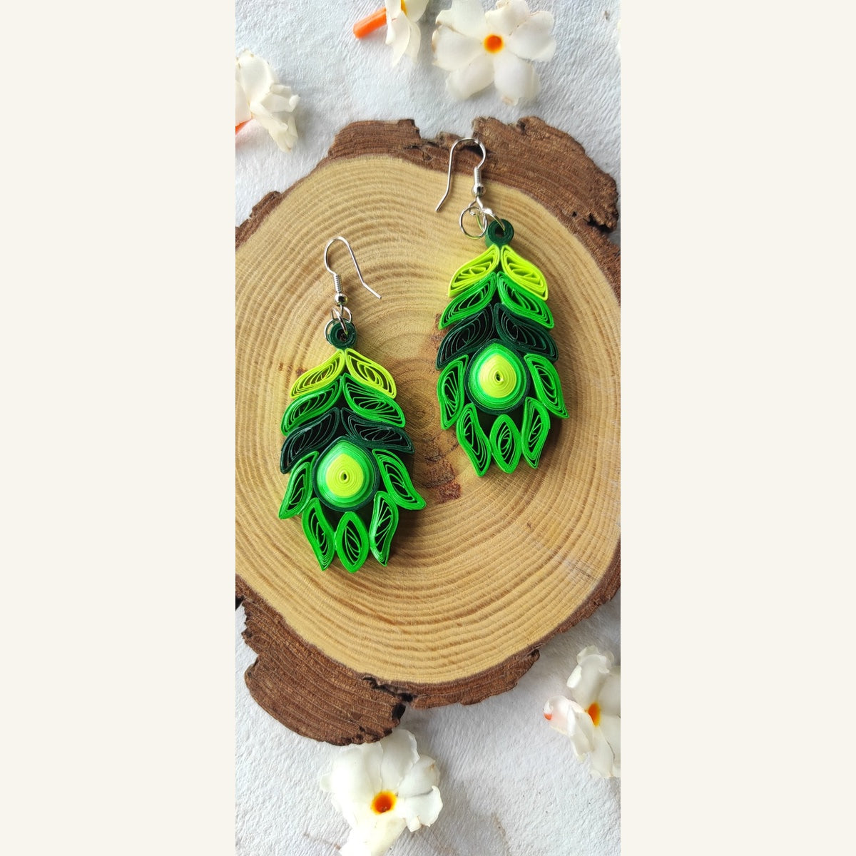 Green & Lime handmade peacock feather paper quilling earrings