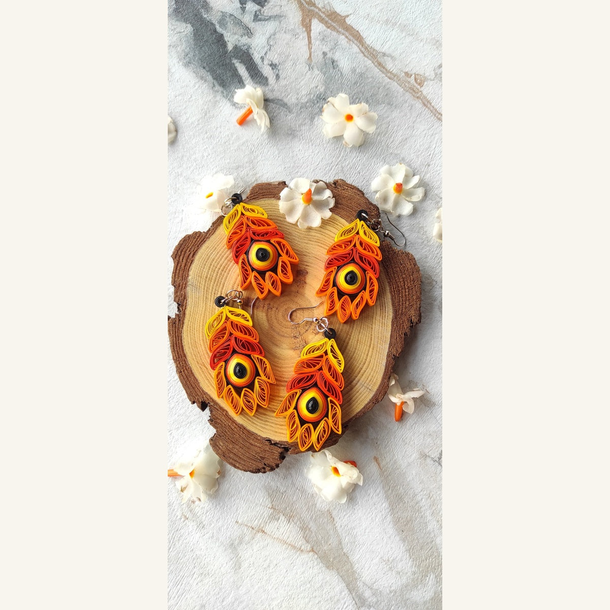 Sunset orange and golden yellow colour combinations handmade peacock feather paper quilling earrings