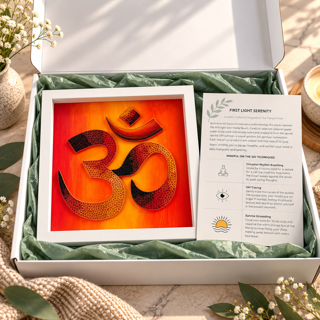 First Light Serenity paper quilling OM artwork presented in a white gift box with sage tissue and story card