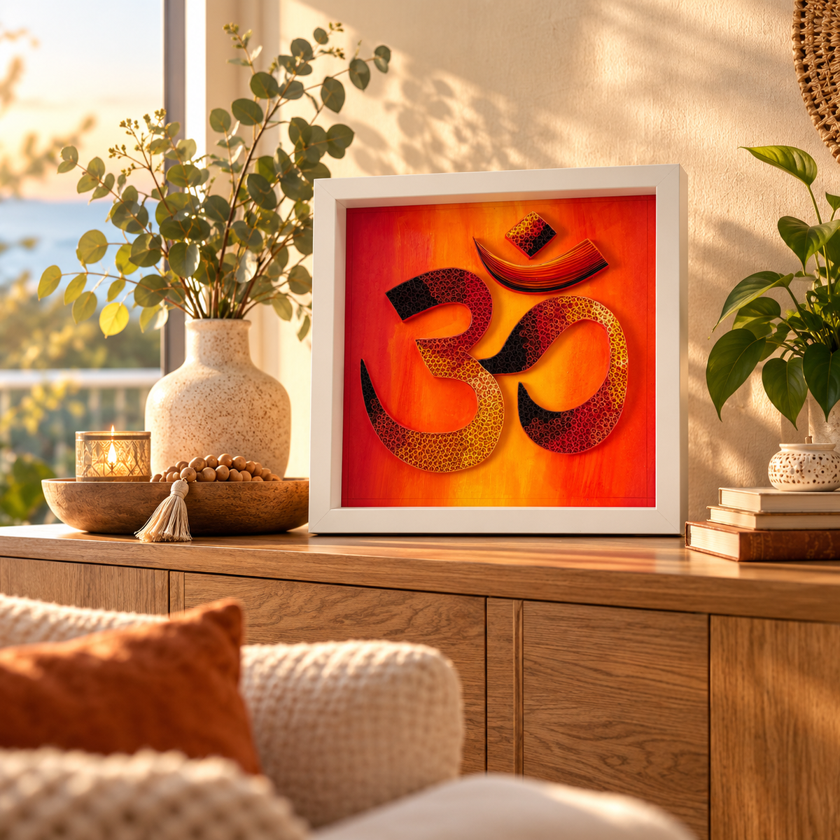First Light Serenity paper quilling OM artwork styled in a warm sunlit family home interior