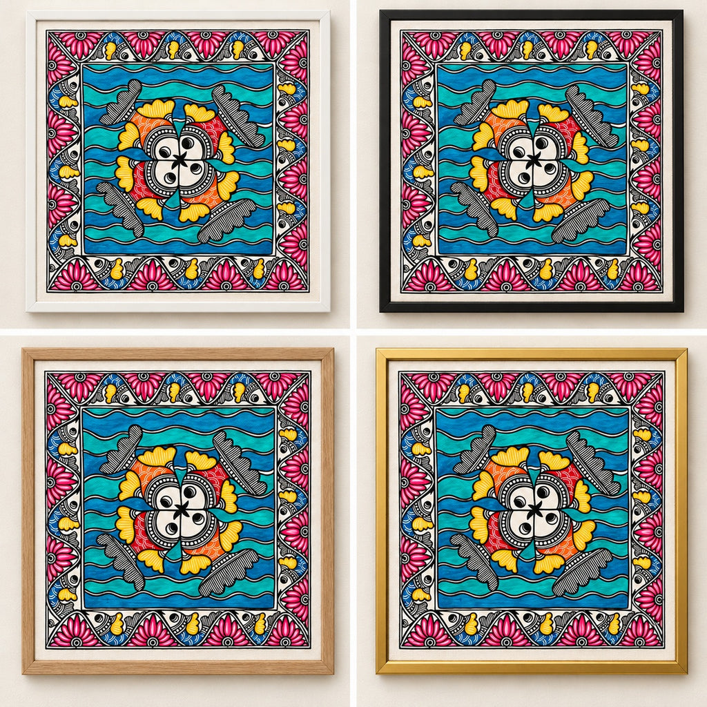 Rhythm of the Reef fish artwork in white, black, oak and gold frames
