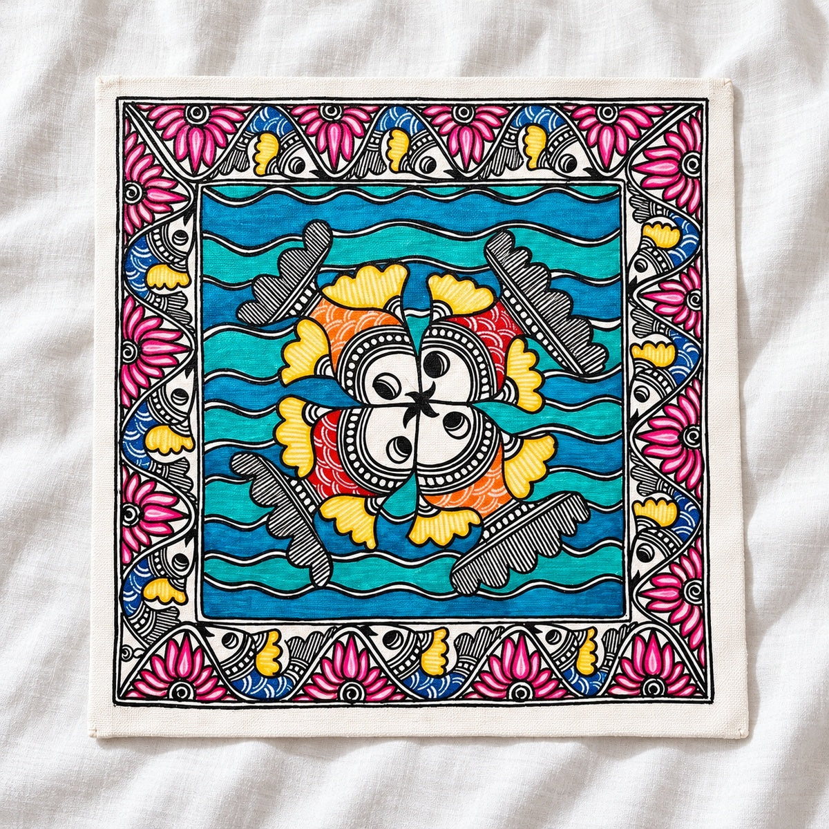 Rhythm of the Reef hand-painted fish Madhubani canvas on white linen