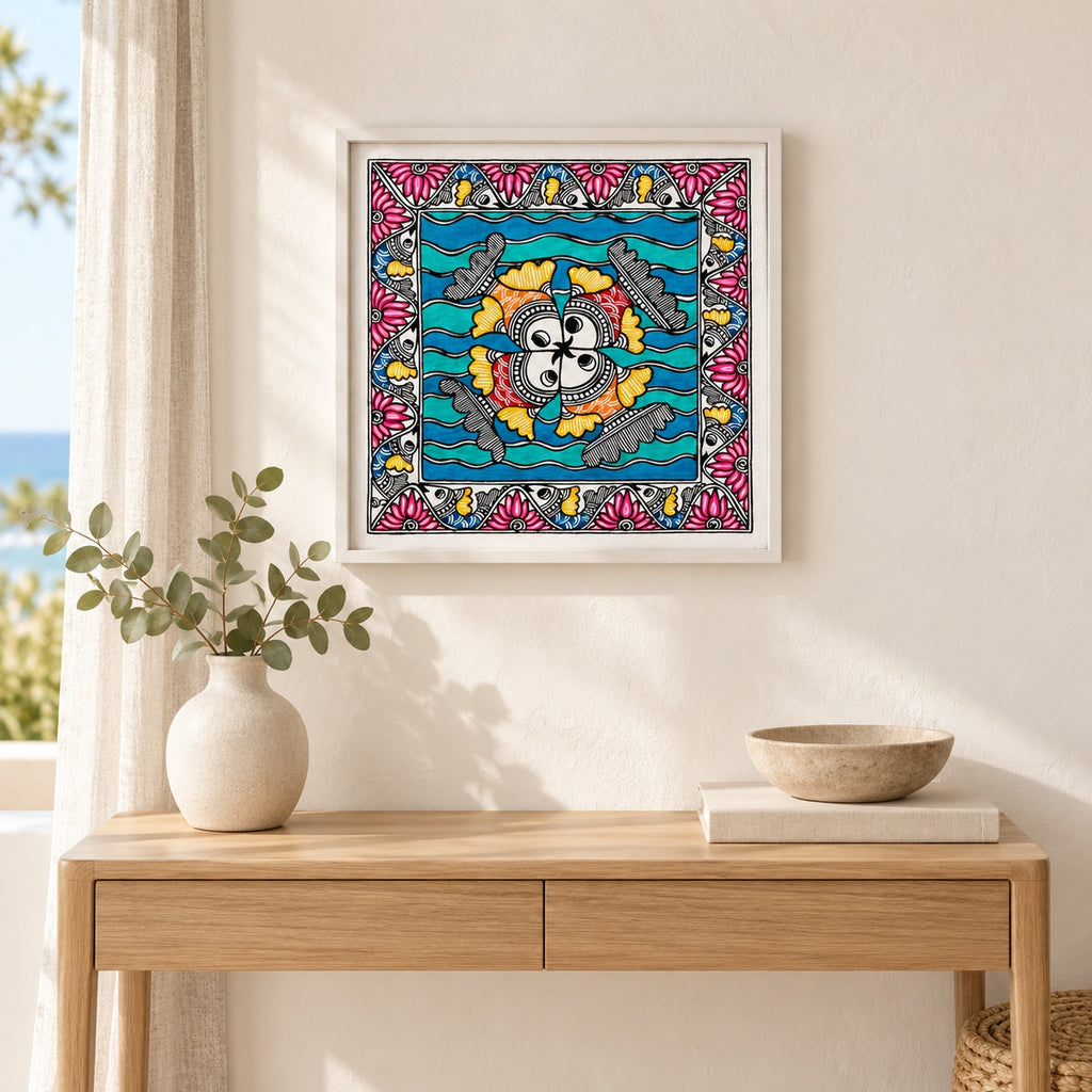 Rhythm of the Reef fish Madhubani artwork in a white frame above an oak console