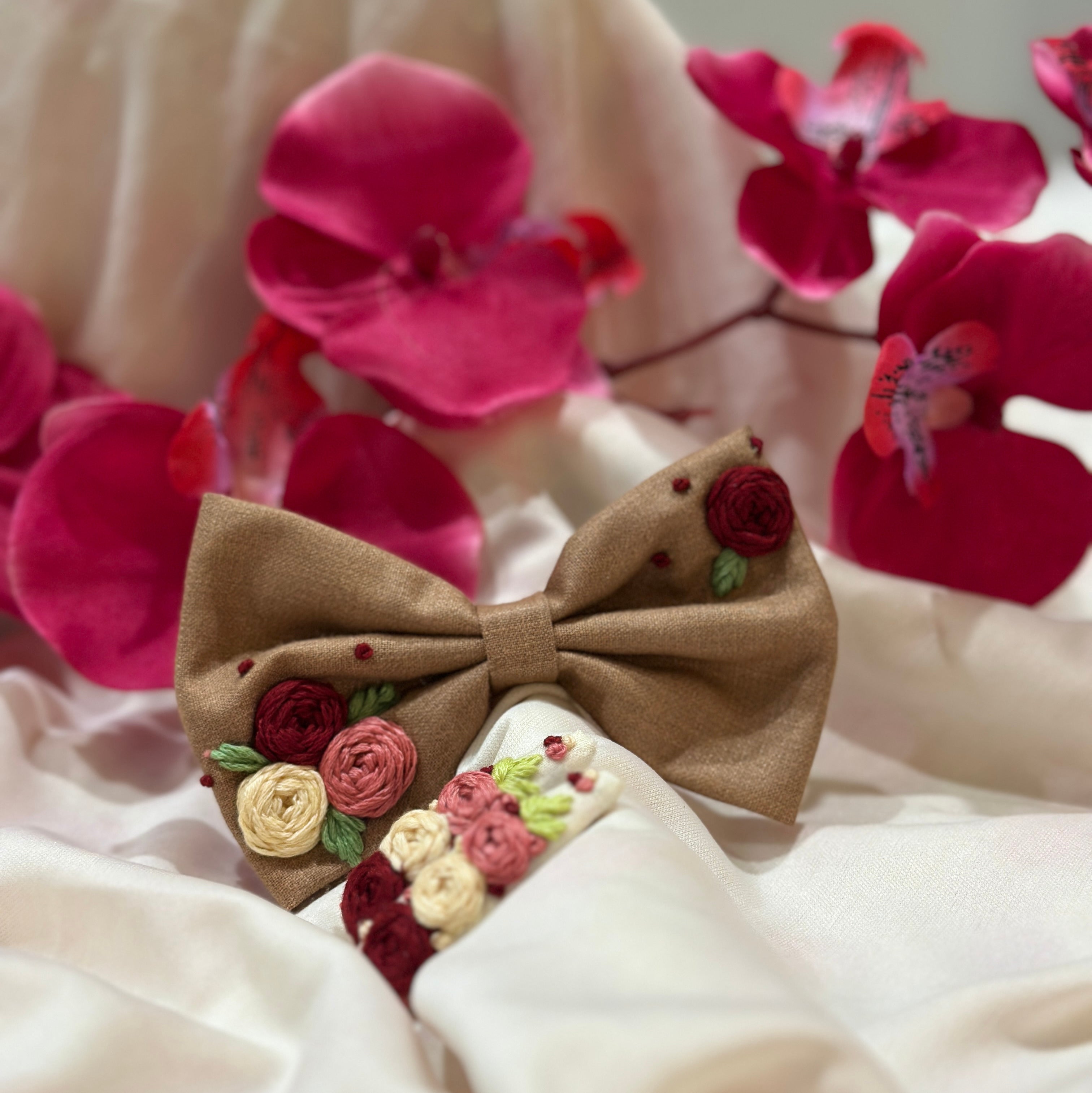 Handmade embroidered floral hair bow in brown and matching hair clip set featuring artisan rose embroidery and botanical detailing, beautifully crafted for gifting and special occasions.