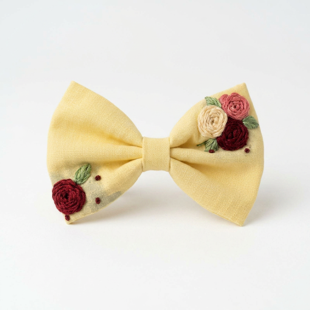 Single hand embroidered crimson rose with green leaf spray on lavender cotton bow by The Tranquil Folds