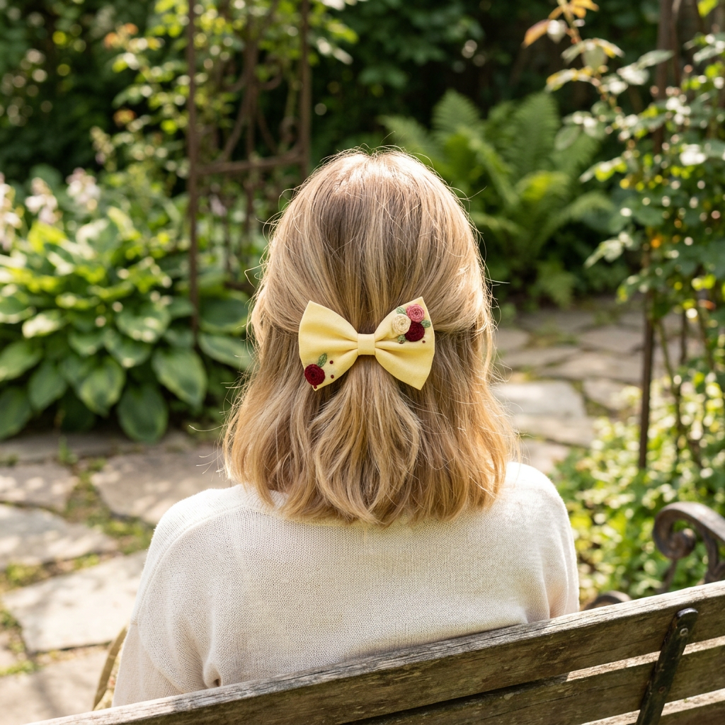 Handmade embroidered lavender rose hair bow worn in half-up hairstyle — artisan floral hair accessory by The Tranquil Folds