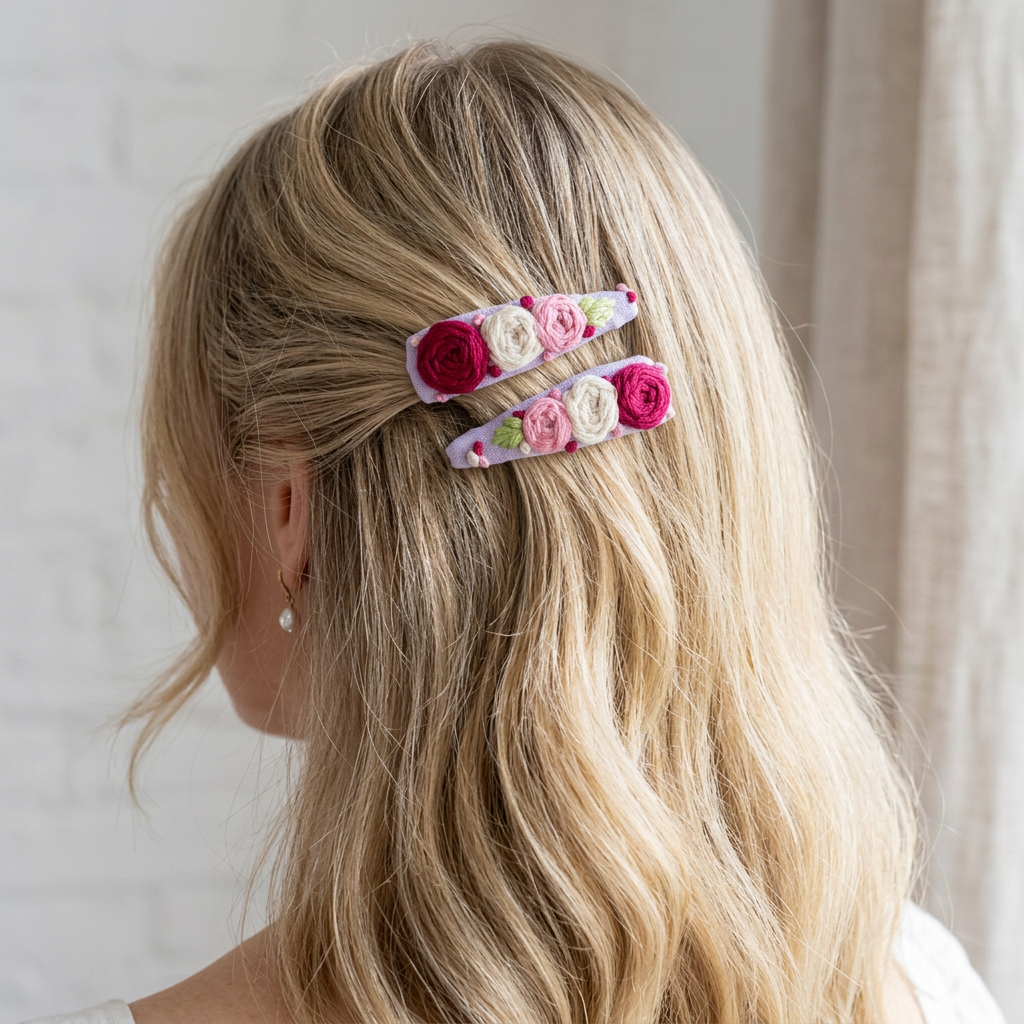 Handmade embroidered rose hair clips worn as a pair in natural hair — artisan floral accessory by The Tranquil Folds