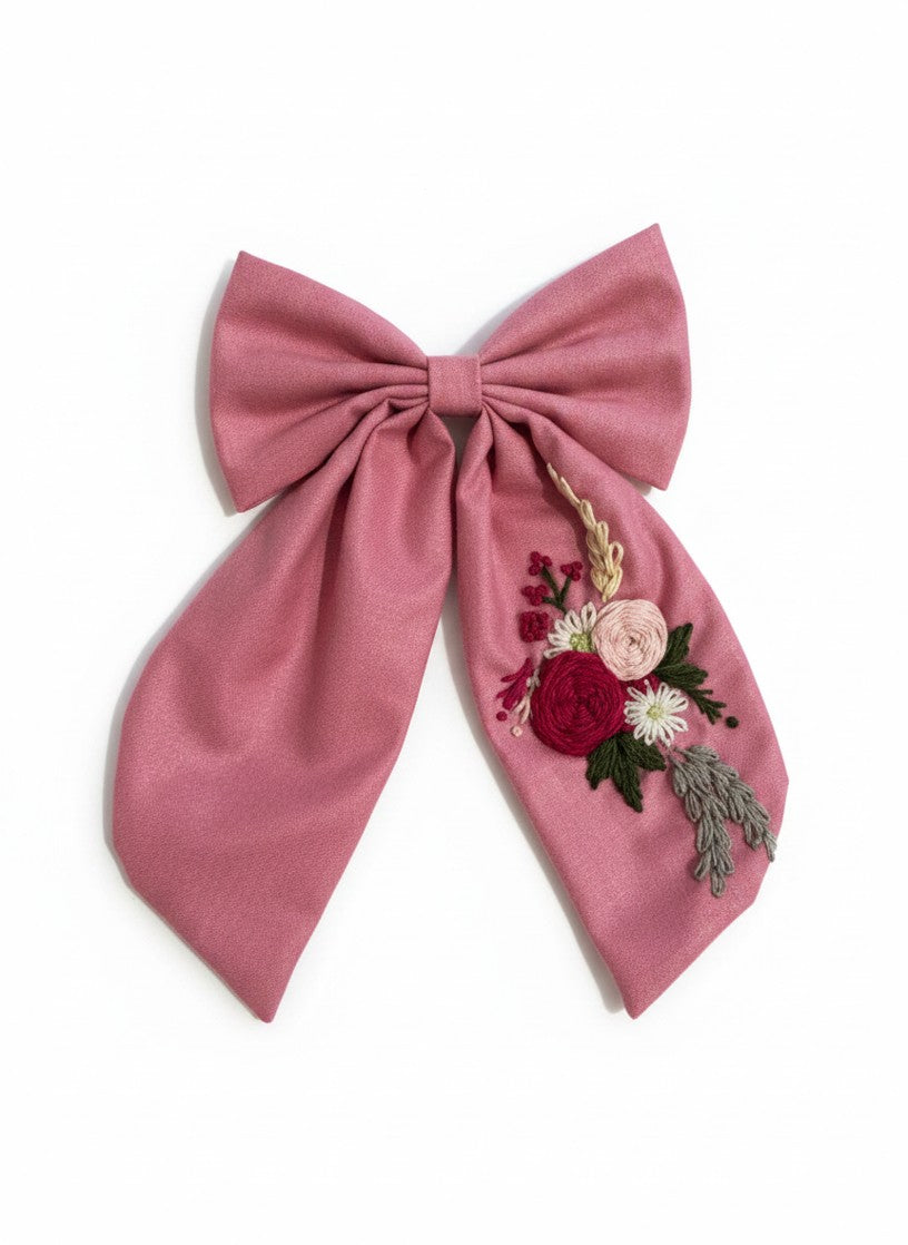 Hand embroidered floral pigtail bow in dusty pink cotton fabric featuring artisan floral stitching and alligator clip attachment for girls' hairstyles.