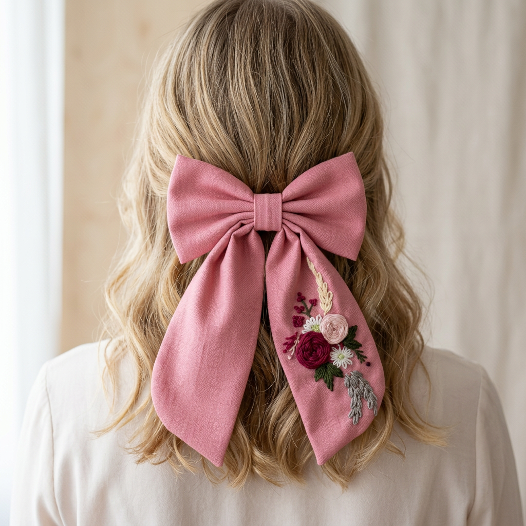 Handmade embroidered lavender sailor bow worn in half-up hairstyle — artisan floral hair accessory by The Tranquil Folds