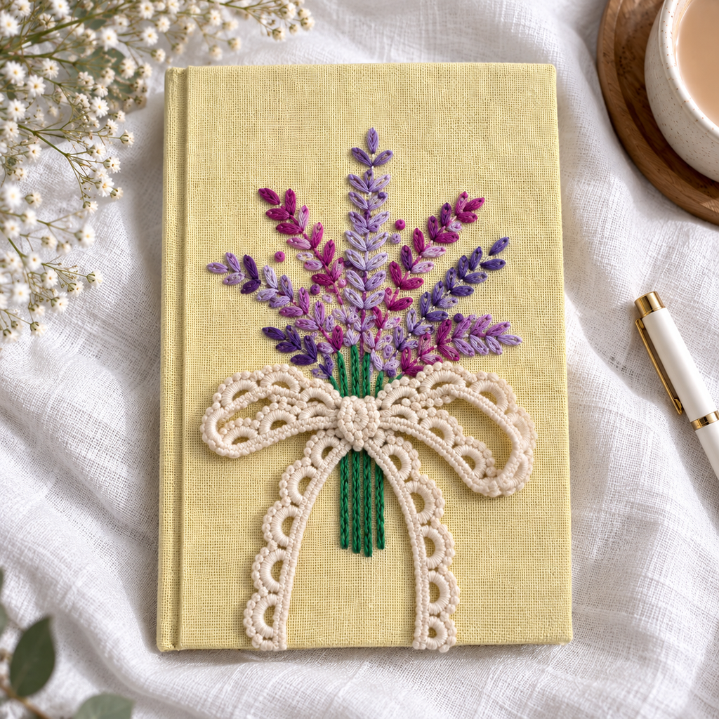 Hand embroidered floral bouquet journal in lemon yellow with purple and magenta embroidery and cream crochet bow styled on white linen.