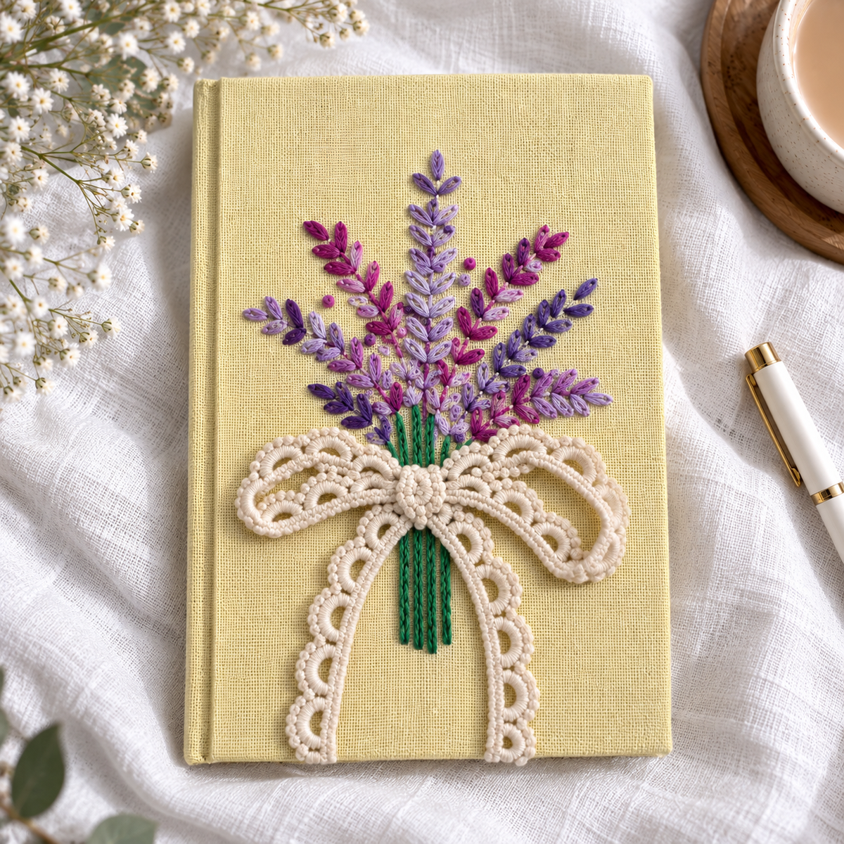 Hand embroidered floral bouquet journal in lemon yellow with purple and magenta embroidery and cream crochet bow styled on white linen.