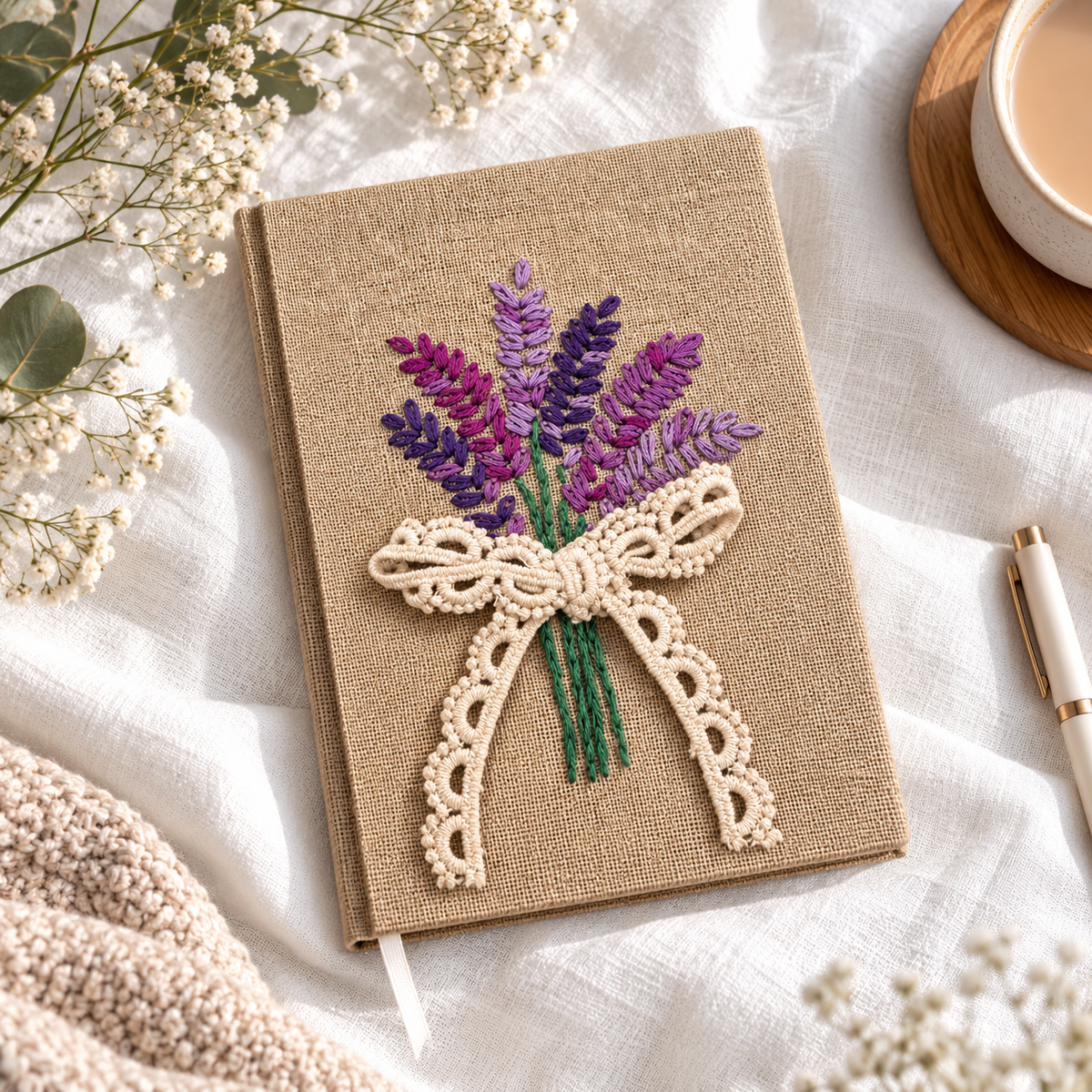 Hand embroidered floral bouquet journal in natural hessian with purple and magenta embroidery and cream crochet bow styled on white linen.