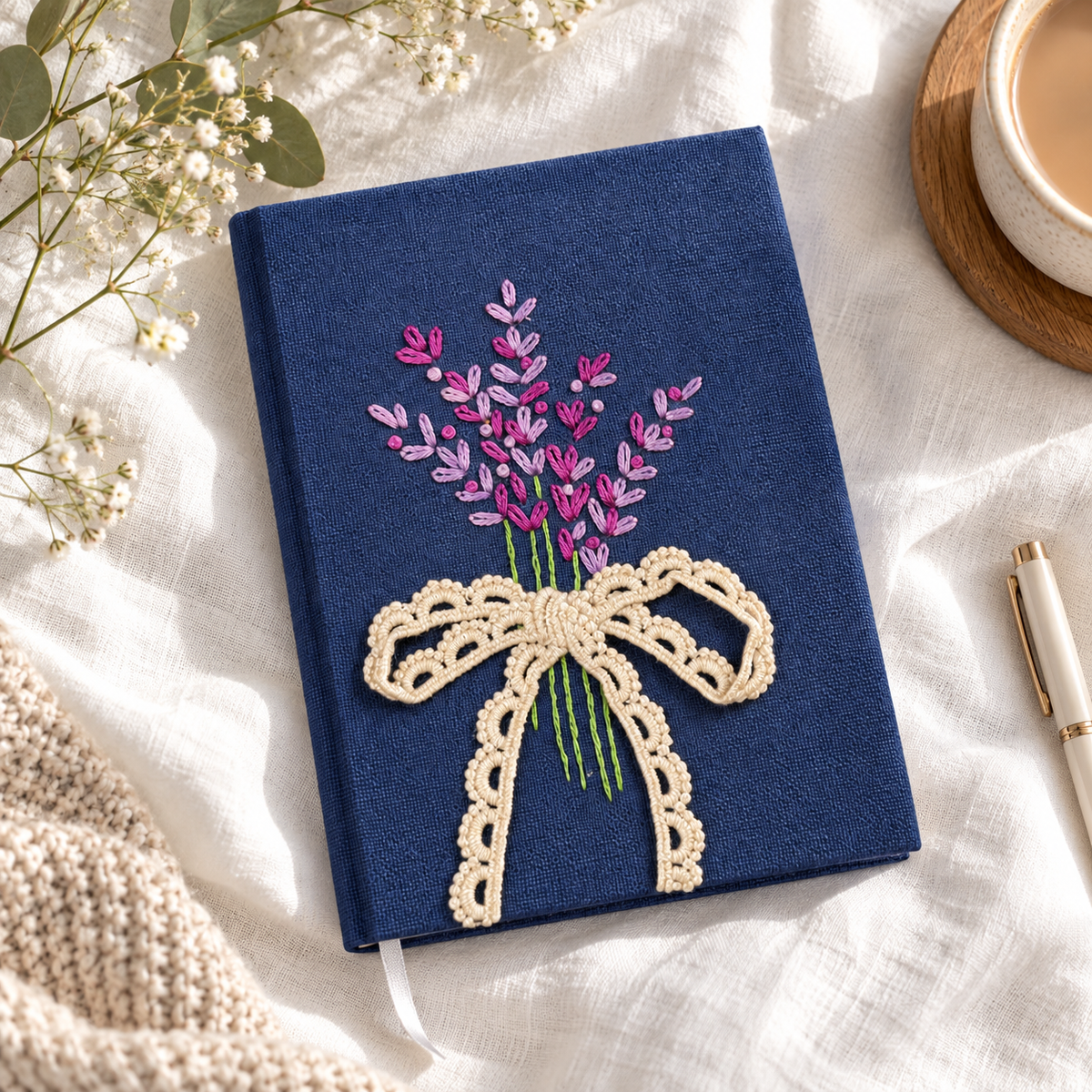 Navy hand embroidered floral journal with pink and lilac bouquet and cream crochet lace bow styled flat on white linen.