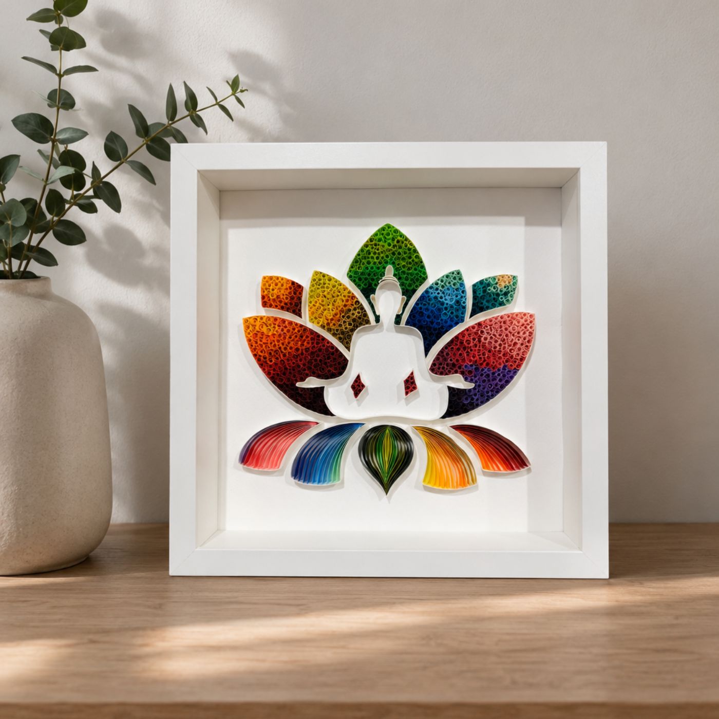 Handcrafted rainbow Buddha paper quilling wall art featuring a meditating Buddha seated within a colourful lotus flower in a white shadow box frame, 25 x 25 cm original artwork.
