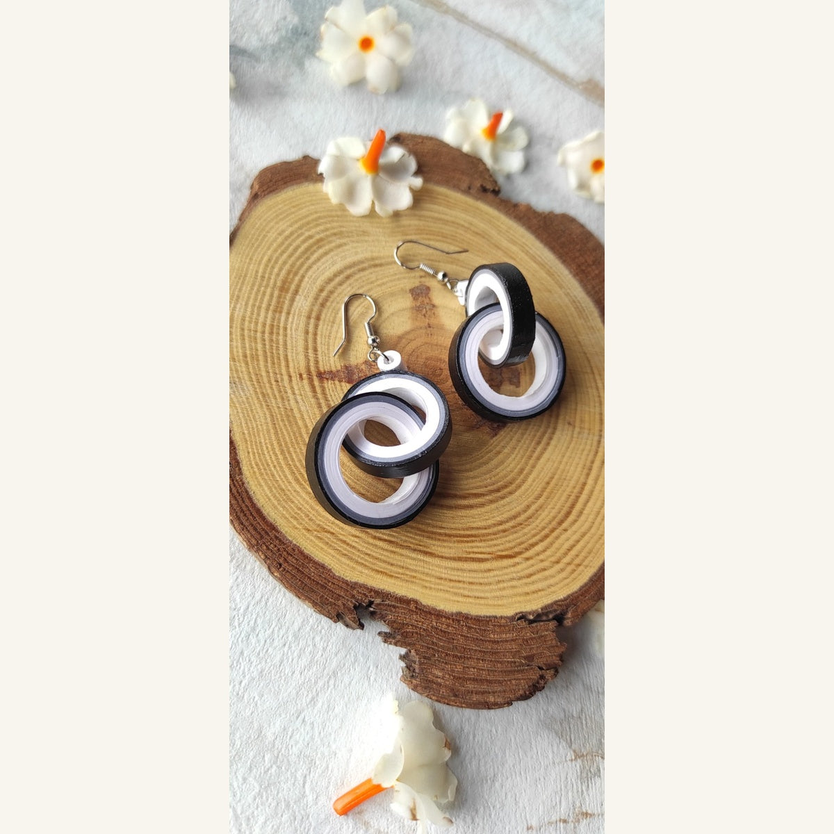 Black & White handmade interlocking hoop paper quilling earrings