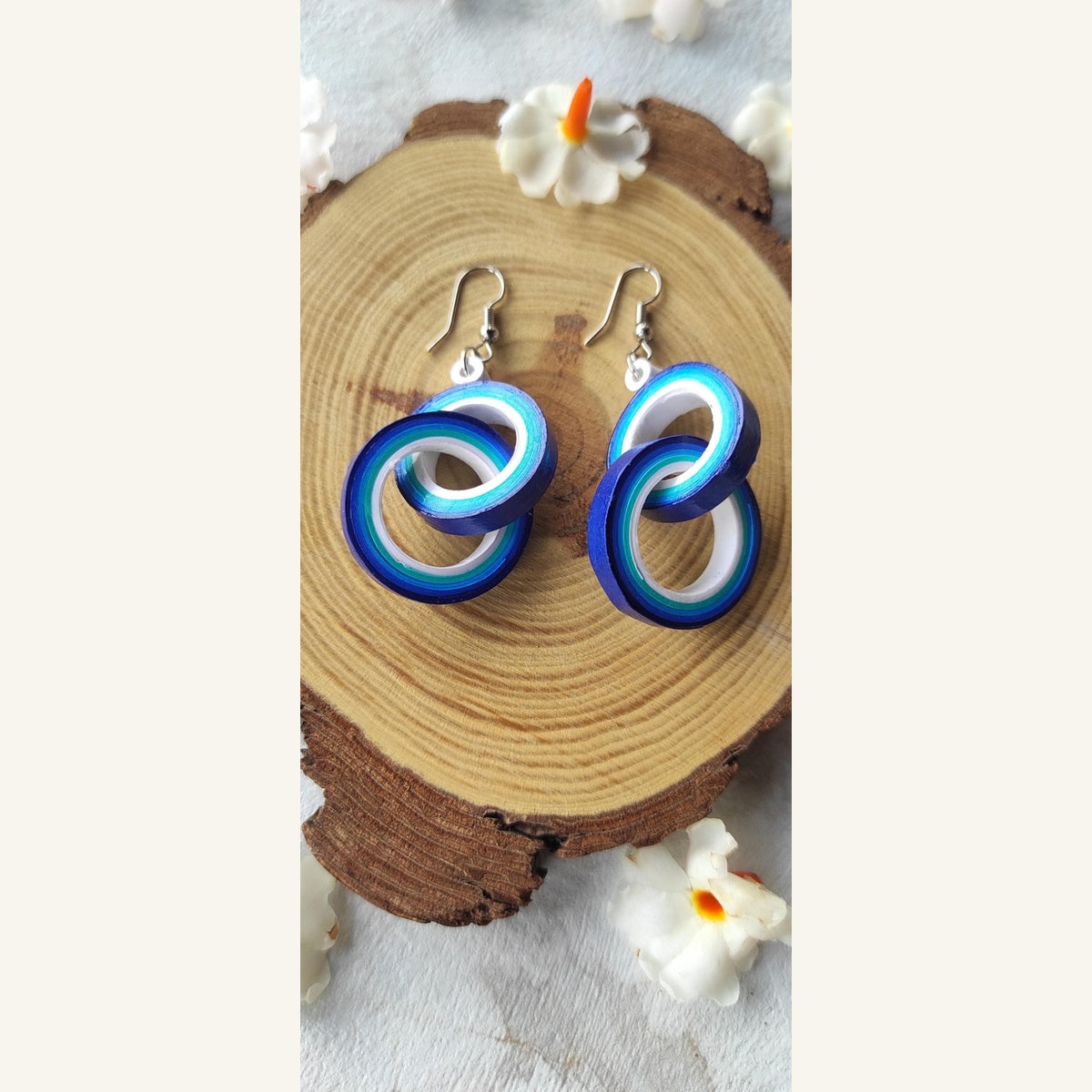 Dark & Light Blue handmade interlocking hoop paper quilling earrings