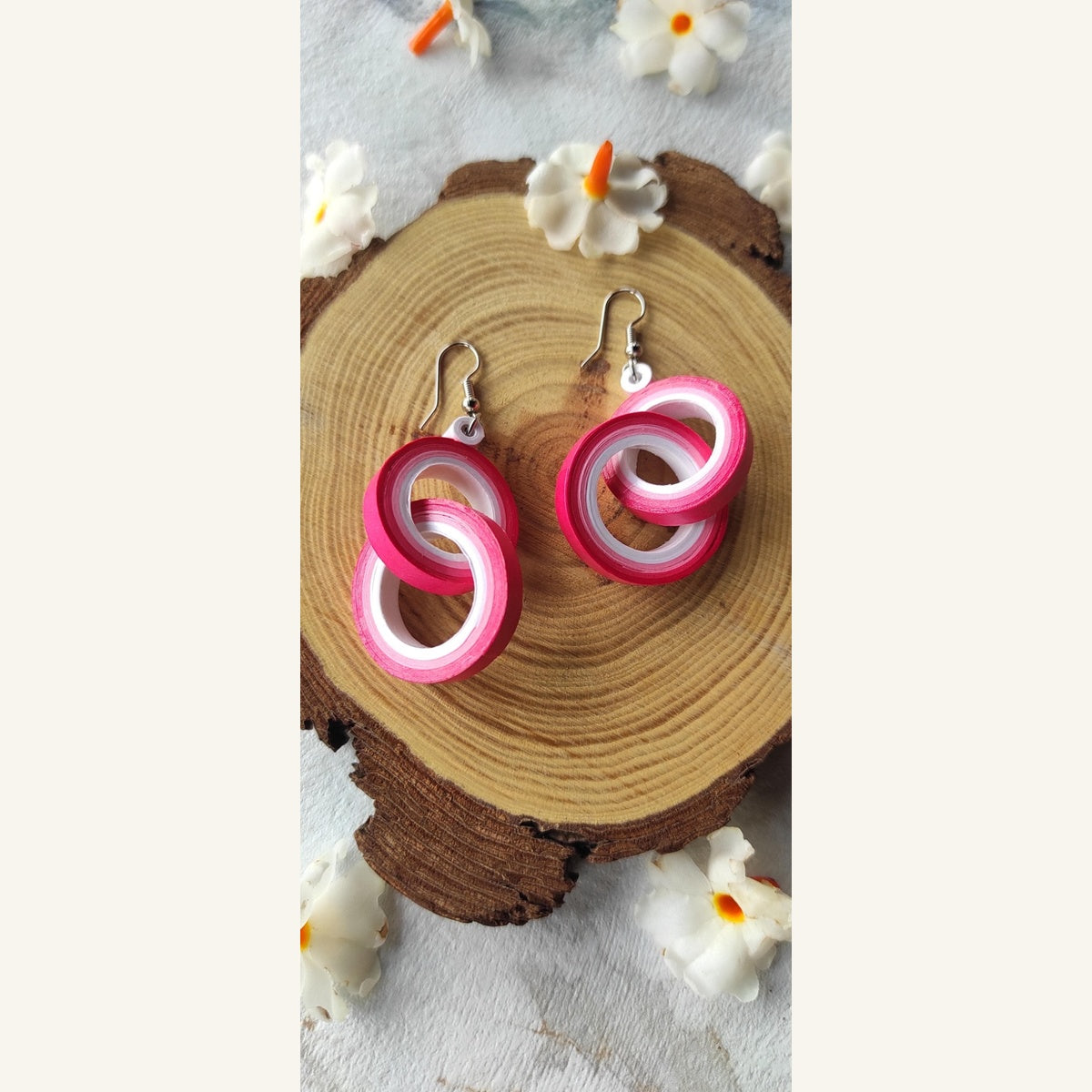 Pink & White handmade interlocking hoop paper quilling earrings